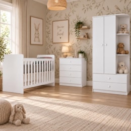 Dormitório Infantil Labirinto Guarda Roupa, Cômoda e Berço Branco com Colchão Baby Physical - Móveis Henn