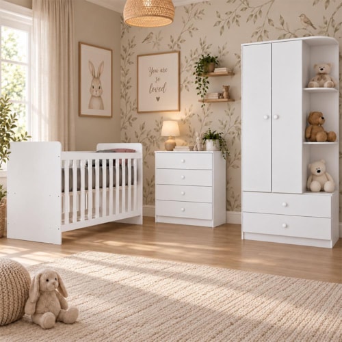 Dormitório Infantil Labirinto Guarda Roupa, Cômoda e Berço Branco com Colchão Baby Physical - Móveis Henn