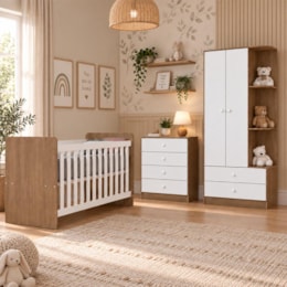 Dormitório Infantil Labirinto Guarda Roupa, Cômoda e Berço Rústico/Branco com Colchão Baby Physical - Móveis Henn