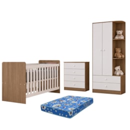Dormitório Infantil Labirinto Guarda Roupa, Cômoda e Berço Rústico/Branco com Colchão Baby Physical - Móveis Henn