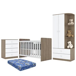 Dormitório Infantil Labirinto Guarda Roupa, Cômoda e Berço Rústico/Branco com Colchão - Móveis Henn 