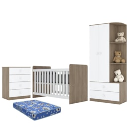 Dormitório Infantil Labirinto Guarda Roupa, Cômoda e Berço Rústico/Branco com Colchão - Móveis Henn Dormitório Infantil Labirinto Guarda Roupa, Cômoda e Berço Rústico/Branco com Colchão - Móveis Henn