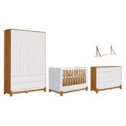 Dormitório Infantil Lotus Frisado Guarda Roupa, Cômoda, Berço e Prateleira Branco Fosco/Savana - Reller Móveis Dormitório Infantil Lotus Frisado Guarda Roupa, Cômoda, Berço e Prateleira Branco Fosco/Savana - Reller Móveis