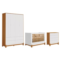 Dormitório Infantil Lotus Liso Guarda Roupa, Cômoda 4 Gavetas e Berço Branco Fosco/Savana - Reller Móveis Dormitório Infantil Lotus Liso Guarda Roupa, Cômoda 4 Gavetas e Berço Branco Fosco/Savana - Reller Móveis
