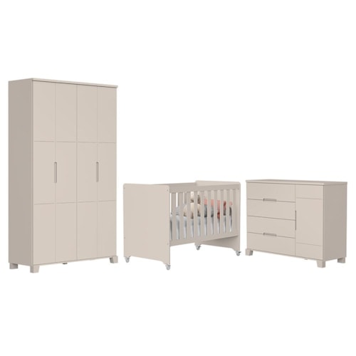 Dormitório Infantil Luna Guarda Roupa, Cômoda 1 Porta e Berço Evolution Areia Fosco - Reller Móveis