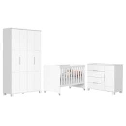 Dormitório Infantil Luna Guarda Roupa, Cômoda 1 Porta e Berço Evolution Branco Fosco - Reller Móveis