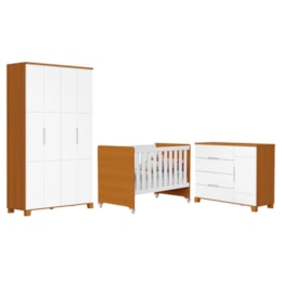 Dormitório Infantil Luna Guarda Roupa, Cômoda 1 Porta e Berço Evolution Branco Fosco/Savana - Reller Móveis