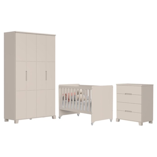 Dormitório Infantil Luna Guarda Roupa, Cômoda 4 Gavetas e Berço Evolution Areia Fosco - Reller Móveis