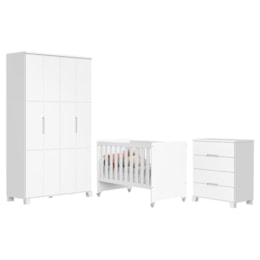 Dormitório Infantil Luna Guarda Roupa, Cômoda 4 Gavetas e Berço Evolution Branco Fosco - Reller Móveis
