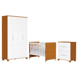 Dormitório Infantil Luna Guarda Roupa, Cômoda 4 Gavetas e Berço Evolution Branco Fosco/Savana - Reller Móveis