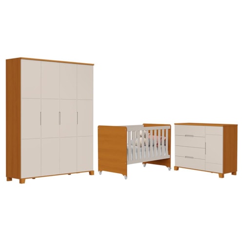 Dormitório Infantil Luna Max Guarda Roupa, Cômoda 1 Porta e Berço Evolution Areia Fosco/Savana - Reller Móveis