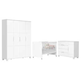 Dormitório Infantil Luna Max Guarda Roupa, Cômoda 1 Porta e Berço Evolution Branco Fosco - Reller Móveis