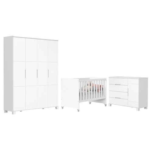 Dormitório Infantil Luna Max Guarda Roupa, Cômoda 1 Porta e Berço Evolution Branco Fosco - Reller Móveis