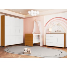 Dormitório Infantil Luna Max Guarda Roupa, Cômoda 1 Porta e Berço Evolution Branco Fosco/Savana - Reller Móveis