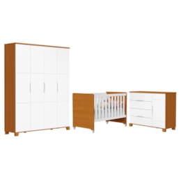 Dormitório Infantil Luna Max Guarda Roupa, Cômoda 1 Porta e Berço Evolution Branco Fosco/Savana - Reller Móveis