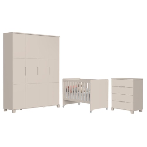 Dormitório Infantil Luna Max Guarda Roupa, Cômoda 4 Gavetas e Berço Evolution Areia Fosco - Reller Móveis