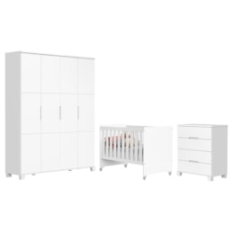 Dormitório Infantil Luna Max Guarda Roupa, Cômoda 4 Gavetas e Berço Evolution Branco Fosco - Reller Móveis