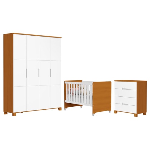 Dormitório Infantil Luna Max Guarda Roupa, Cômoda 4 Gavetas e Berço Evolution Branco Fosco/Savana - Reller Móveis