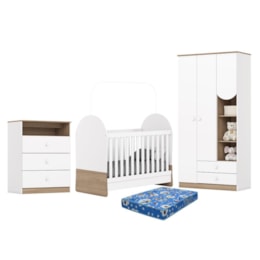 Dormitório Infantil Magia Guarda Roupa, Cômoda e Berço Branco/Jequitibá com Colchão Baby Physical - Móveis Henn