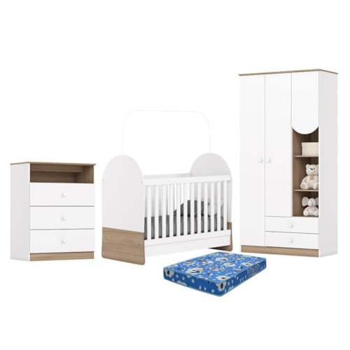 Dormitório Infantil Magia Guarda Roupa, Cômoda e Berço Branco/Jequitibá com Colchão Baby Physical - Móveis Henn