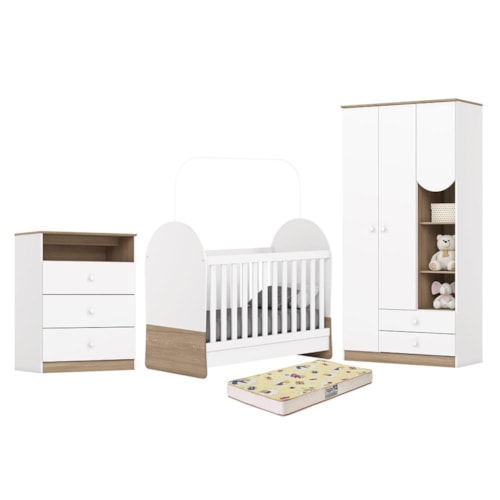 Dormitório Infantil Magia Guarda Roupa, Cômoda e Berço Branco/Jequitibá com Colchão Supreme - Móveis Henn 