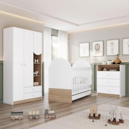 Dormitório Infantil Magia Guarda Roupa, Cômoda e Berço Branco/Jequitibá - Móveis Henn 