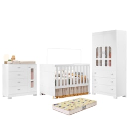 Dormitório Infantil New Katatau Guarda Roupa, Cômoda e Berço Branco Brilho com Colchão Supreme - Reller Móveis 