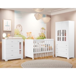 Dormitório Infantil New Katatau Guarda Roupa, Cômoda e Berço Branco Fosco com Colchão Baby Physical - Reller Móveis