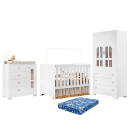 Dormitório Infantil New Katatau Guarda Roupa, Cômoda e Berço Branco Fosco com Colchão Baby Physical - Reller Móveis