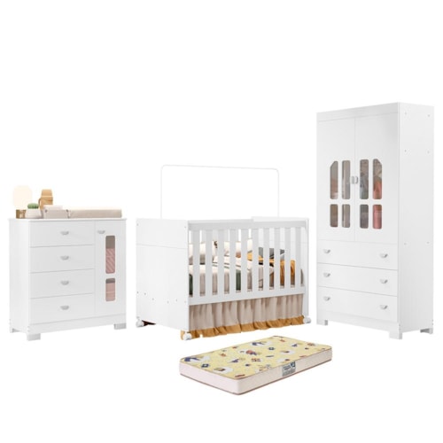 Dormitório Infantil New Katatau Guarda Roupa, Cômoda e Berço Branco Fosco com Colchão Supreme - Reller Móveis