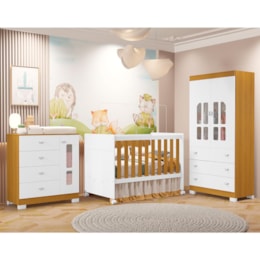 Dormitório Infantil New Katatau Guarda Roupa, Cômoda e Berço Branco Fosco/Savana com Colchão Baby Physical - Reller Móveis