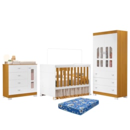 Dormitório Infantil New Katatau Guarda Roupa, Cômoda e Berço Branco Fosco/Savana com Colchão Baby Physical - Reller Móveis