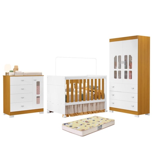 Dormitório Infantil New Katatau Guarda Roupa, Cômoda e Berço Branco Fosco/Savana com Colchão Supreme - Reller Móveis