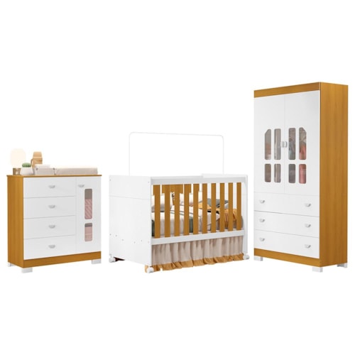 Dormitório Infantil New Katatau Guarda Roupa, Cômoda e Berço Mini Cama Branco Fosco/Savana - Reller Móveis