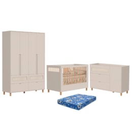Dormitório Infantil Ollie Guarda Roupa, Cômoda 1 Porta e Berço Areia Fosco com Colchão Baby Physical - Reller Móveis