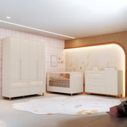 Dormitório Infantil Ollie Guarda Roupa, Cômoda 1 Porta e Berço Areia Fosco com Colchão Supreme - Reller Móveis