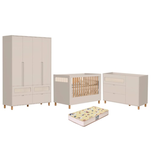 Dormitório Infantil Ollie Guarda Roupa, Cômoda 1 Porta e Berço Areia Fosco com Colchão Supreme - Reller Móveis