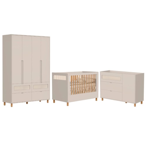 Dormitório Infantil Ollie Guarda Roupa, Cômoda 1 Porta e Berço Areia Fosco - Reller Móveis