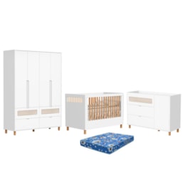 Dormitório Infantil Ollie Guarda Roupa, Cômoda 1 Porta e Berço Branco Fosco com Colchão Baby Physical - Reller Móveis