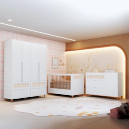 Dormitório Infantil Ollie Guarda Roupa, Cômoda 1 Porta e Berço Branco Fosco com Colchão Supreme - Reller Móveis 