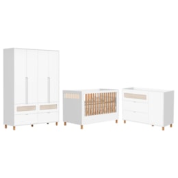 Dormitório Infantil Ollie Guarda Roupa, Cômoda 1 Porta e Berço Branco Fosco - Reller Móveis