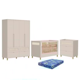 Dormitório Infantil Ollie Guarda Roupa, Cômoda 3 Gavetas e Berço Areia Fosco com Colchão Baby Physical - Reller Móveis