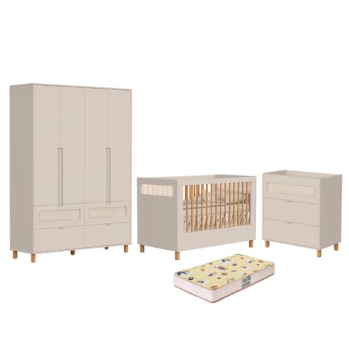 Dormitório Infantil Ollie Guarda Roupa, Cômoda 3 Gavetas e Berço Areia Fosco com Colchão Supreme - Reller Móveis