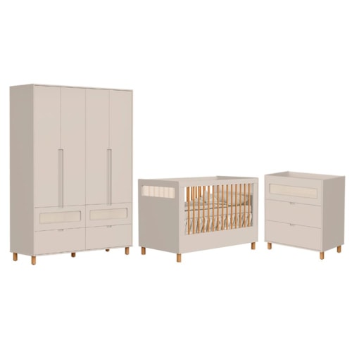Dormitório Infantil Ollie Guarda Roupa, Cômoda 3 Gavetas e Berço Areia Fosco - Reller Móveis