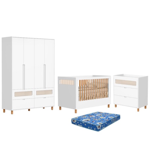 Dormitório Infantil Ollie Guarda Roupa, Cômoda 3 Gavetas e Berço Branco Fosco com Colchão Baby Physical - Reller Móveis