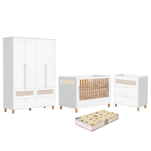 Dormitório Infantil Ollie Guarda Roupa, Cômoda 3 Gavetas e Berço Branco Fosco com Colchão Supreme - Reller Móveis