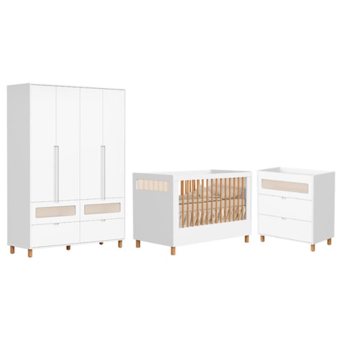Dormitório Infantil Ollie Guarda Roupa, Cômoda 3 Gavetas e Berço Branco Fosco - Reller Móveis