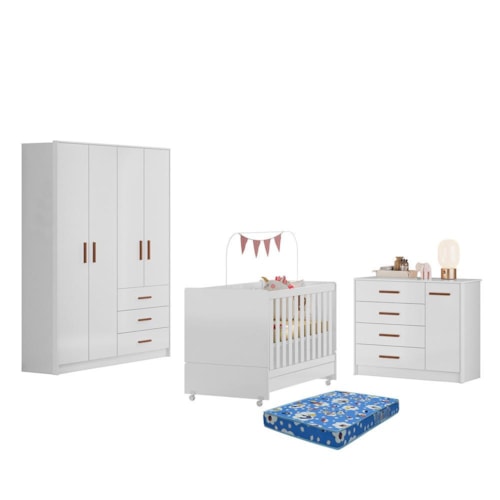 Dormitório Infantil Pérola Guarda Roupa, Cômoda e Berço Branco com Colchão Baby Physical - Peternella Móveis