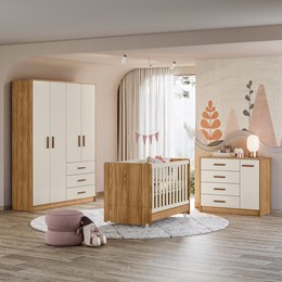 Dormitório Infantil Pérola Guarda Roupa, Cômoda e Berço Nature/Off White - Peternella Móveis