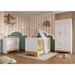 Dormitório Infantil Popy Retrô Plus Guarda Roupa, Cômoda e Berço Branco Brilho/Amêndoa com Colchão Baby Physical - Móveis Peroba 